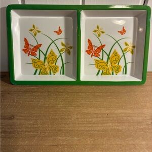 Vintage Butterfly Double Dish Tray - White, Green, Yellow, Orange